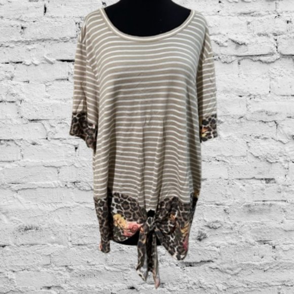 ODDY Tops - Tan & White Stripe Top with Rose Cheetah Design